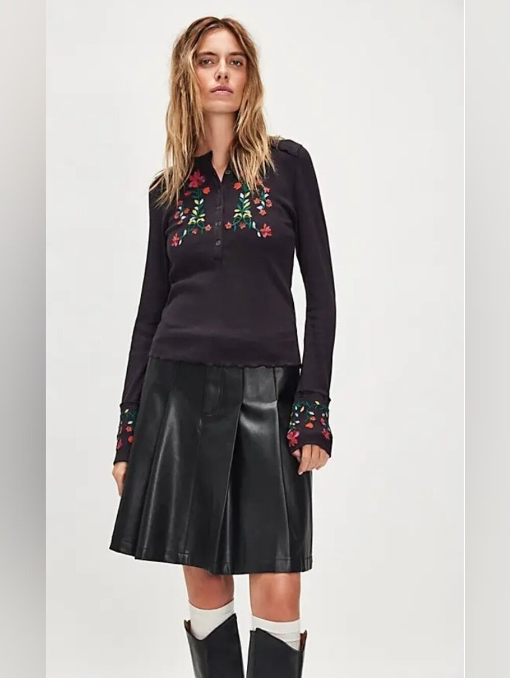 Free People Fleur Embroidered Cuff Henley Long Sleeve Top NWOT